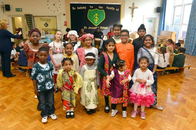 St Joseph's Primary School pupils dressed in clothes from their different heritages for the visit by Transformers HPL to celebrate different cultures in Hartlepool.