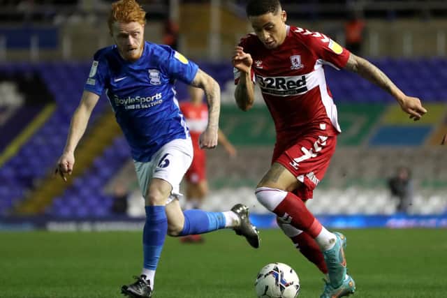 Birmingham City's Ryan Woods (left) and Middlesbrough's Marcus Tavernier battle for the ball. PA picture.