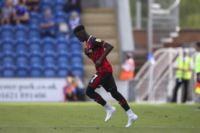 Hartlepool United's transfer deadline day signing Clarke Oduor made his debut from the bench after joining on a season-long loan deal from Barnsley. (Credit: Tom West | MI News)