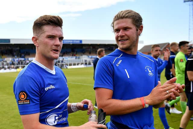 Mark Shelton and Ben Killip at the end of the game. Hartlepool United 3-2 Bromley FC National League Playoff. 06-06-20212. Picture by FRANK REID