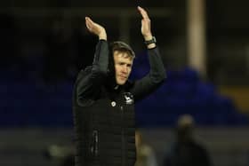 HARTLEPOOL, GBR. NOV 6TH   Anthony Sweeney, Hartlepool United Interim Manager, applauds supporters during the FA Cup match between Hartlepool United and Wycombe Wanderers at Victoria Park, Hartlepool on Saturday 6th November 2021. (Credit: Will Matthews | MI News)