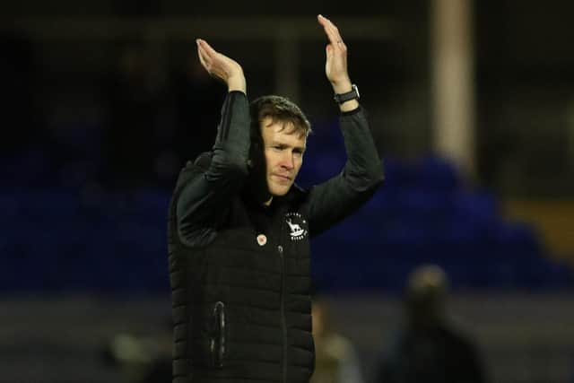 HARTLEPOOL, GBR. NOV 6TH   Anthony Sweeney, Hartlepool United Interim Manager, applauds supporters during the FA Cup match between Hartlepool United and Wycombe Wanderers at Victoria Park, Hartlepool on Saturday 6th November 2021. (Credit: Will Matthews | MI News)