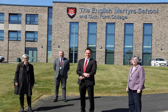 Left to right: Shadow Education Secretary Kate Green, headteacher of English Martyrs School and Sixth Form College Stephen Hammond, prospective parliamentary candidate for Hartlepool Dr Paul Williams and chief executive of Bishop Hogarth Catholic Education Trust Maura Regan.