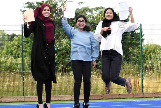 High Tunstall pupils Hasna Inam, Anaesha Rasul and Safiya Khan celebrate their GCSE exam results.