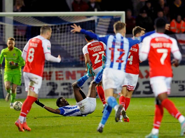 Omar Bogle was brought down by Rarmani Edmonds-Green when appearing to be clear on goal. Picture by FRANK REID