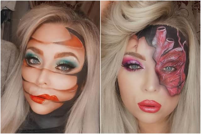 Carla Neville also creates illusions with her make-up.