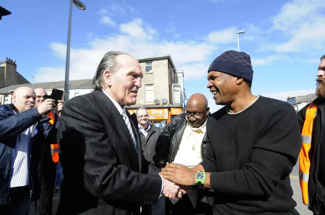 Hartlepool-born boxer Brian London, left, with legendary fighter Sugar Ray Leonard at the opening of Blackpool's New Albert sports bar.