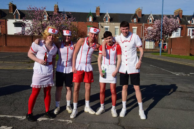 This group of lads all dressed as nurses.
