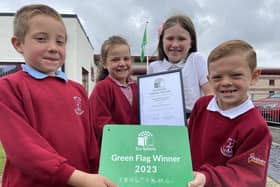 West View Primary school pupils Amelia Pearson, Tommy Wilson, Leo Robinson and Eva Armes with the school's Eco award certificate and  plaque./Photo: Frank Reid