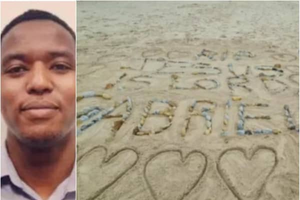 A poignant beach tribute was made in honour of Gabriel Kariuki, left, after his body was found at Seaton Carew.