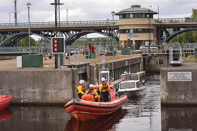 Hartlepool RNLI inshore lifeboat Solihull and volunteer crew pictured at the Tees Barrage. Photo by RNLI/Tom Collins.
