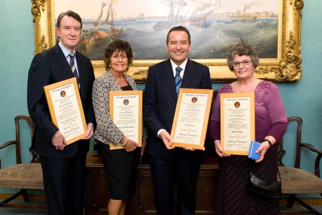 Freedom of the borough was granted in 2010 to former Hartlepool MP Lord Mandelson, Hartlepool Families First founder Wendy McLoughlin, Sky Sports presenter Jeff Stelling, and cancer fundraiser Isobel Wilson. Picture by Chris Armstrong.