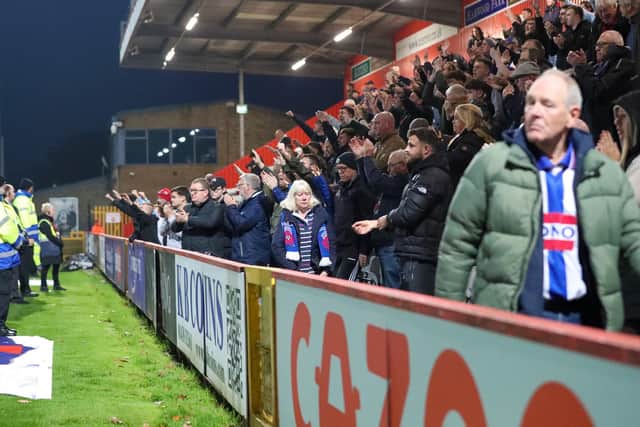 Hartlepool United supporters showed their appreciation despite the defeat at Stevenage. (Credit: John Cripps | MI News)