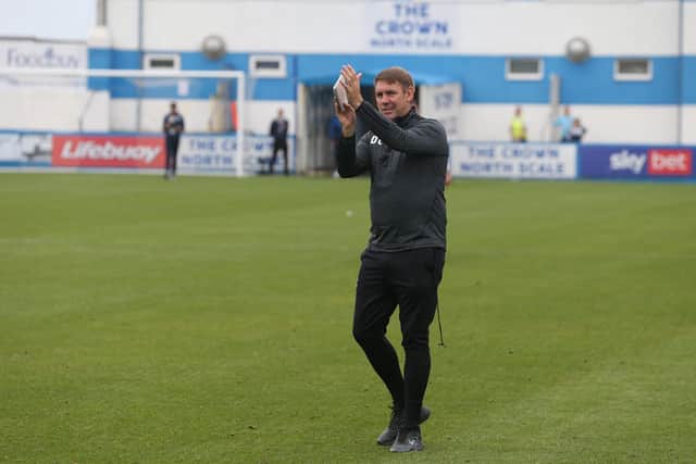 Hartlepool United manager Dave Challinor during the Sky Bet League 2 match between Barrow and Hartlepool United at Holker Street, Barrow-in-Furness on Saturday 14th August 2021. (Credit: Mark Fletcher | MI News)