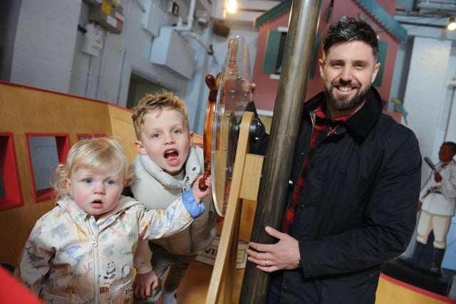 Christopher Dent with sons Alexander and Zachary at the new Horrible Histories Pirates exhibition.