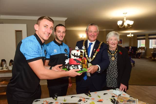 Merlin Manor Halloween cake competition. Pictured are l-r David Ferguson, Jamie Sterry,  Mayor of Hartlepool Cllr Brian Cowie and Mayoress Veronica Nicholson,with the winning cake.