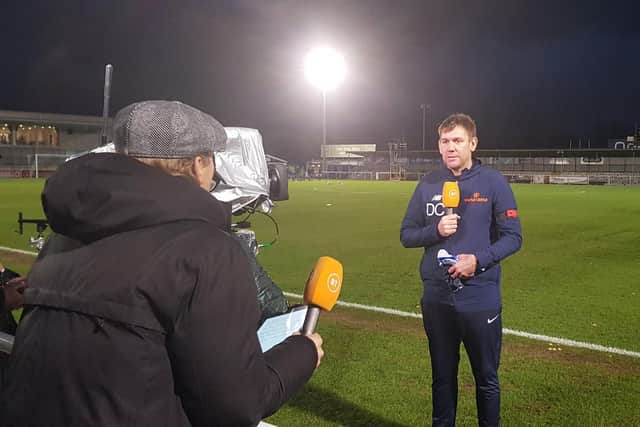 Dave Challinor speaking to the BT Sport cameras ahead of the abandoned match at Eastleigh.