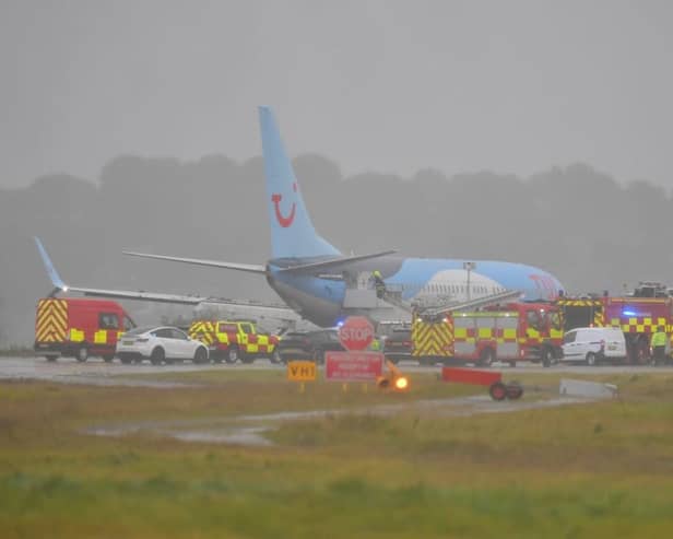 The plane skidded of the runway at Leeds Bradford Airport amid high winds and heavy rain