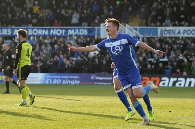 Mark Shelton of Hartlepool United celebrates after scoring their second goal  during the Vanarama National League match between Hartlepool United and Aldershot Town at Victoria Park, Hartlepool on Saturday 8th February 2020. (Credit: Mark Fletcher | MI News)