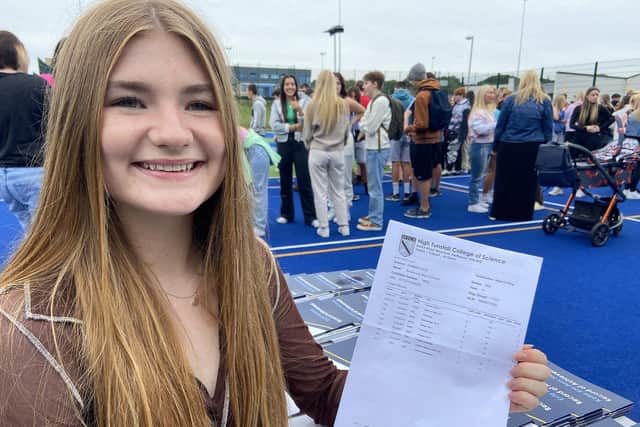 Amelia Connelly collects her GCSE results from High Tunstall College of Science.