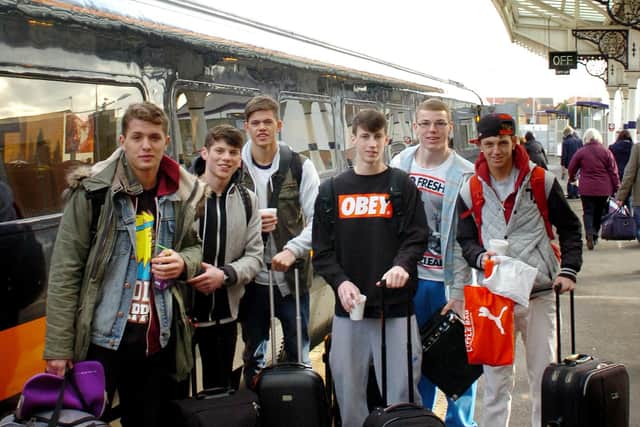 London here we come: Ruff Diamond catching the train to London ahead of the Got to Dance final in 2013. Left to right are: Jason Lund, Lewis Cope, Zac Healey, Ryan Llewellyn, Aaron Staunch and Ryan Wilson.