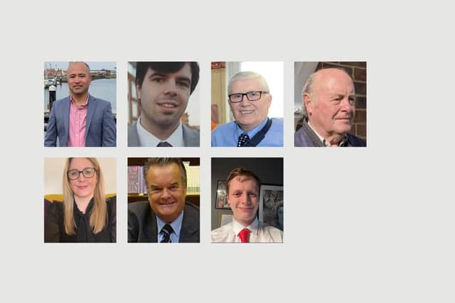 Hart ward election candidates. Top row, from left to right, Elver Alicarte, Tom Cassidy, Rob Cook and David Innes. Bottom row, left to right, Melanie Morley, John Riddle and Cameron Sharp.
