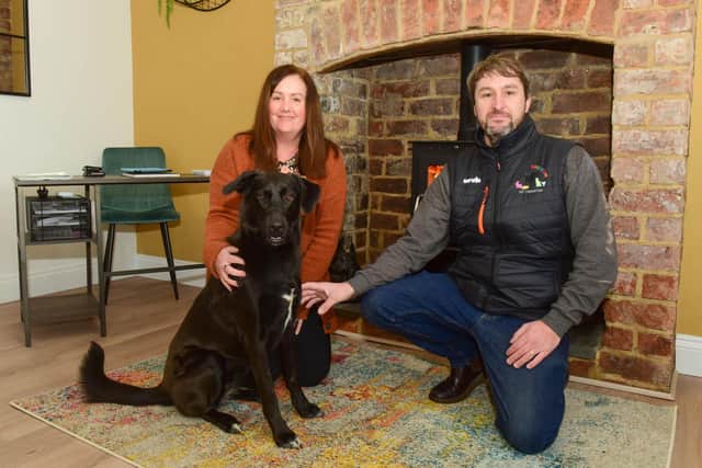 Darren Bates and his wife Pamela, with their dog Olive, hwo have set up a pet cremation service, Roxy's Rainbow, based in Greatham Street, Hartlepool.