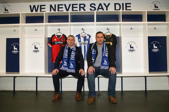 John Askey (L) the new Hartlepool United manager pictured with Mark Goodlad (R) who has been appointed as his assistant manager at the Suit Direct Stadium. (Photo: Mark Fletcher | MI News)