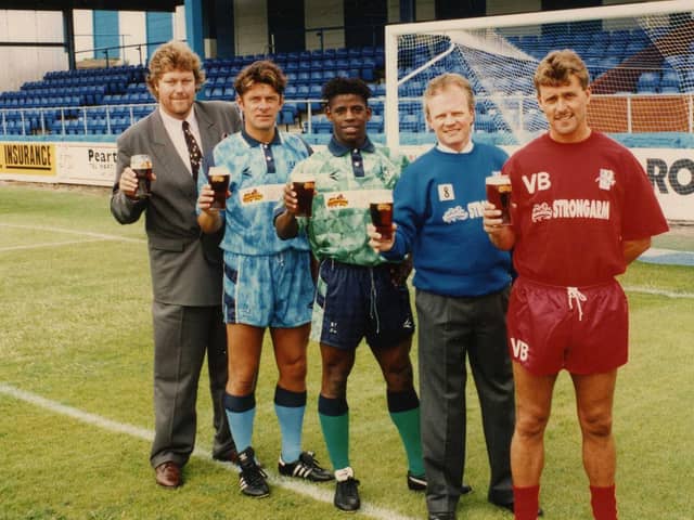 Former Hartlepool United manager Viv Busby, far right, is pictured at the launch of a new sponsorship deal between the club and Camerons Brewery in 1993.