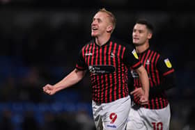 Mark Cullen of Hartlepool United celebrates after opening the scoring during the Emirates FA Cup First Round Replay between Wycombe Wanderers and Hartlepool United at Adams Park on November 16, 2021 in High Wycombe, England. (Photo by Alex Burstow/Getty Images)
