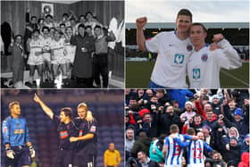 Hartlepool United players celebrate just some of their more memorable cup moments in the club's history.