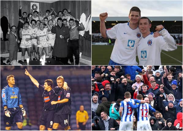 Hartlepool United players celebrate just some of their more memorable cup moments in the club's history.