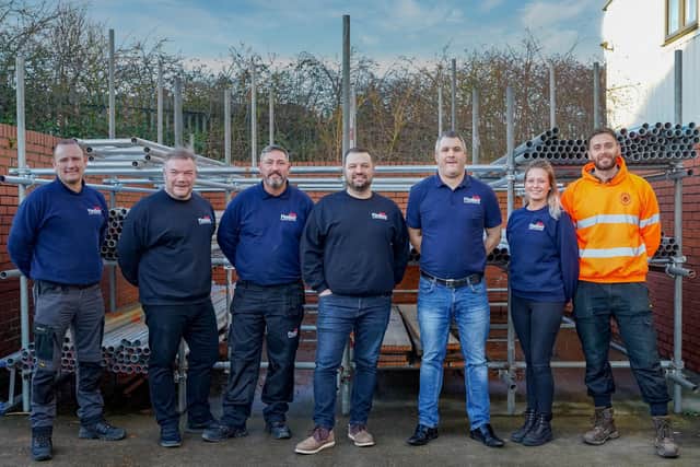 From left to right: Roofing estimator Ian Snow, sales & marketing manager Richie Carrigan, roofing estimator Eddie Cox, managing director Dean Coombe, finance manager Richard McClean, appointments co-ordinator Nicole McQuaker and scaffolding manager Ricky Hubber