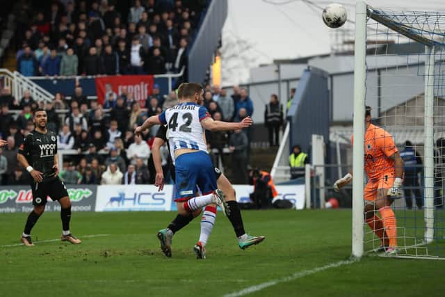 Hartlepool United's Luke Waterfall just fails to connect with a cross during the Vanarama National League match between Hartlepool United and Boreham Wood at Victoria Park, Hartlepool on Saturday 17th February 2024. (Photo: Mark Fletcher | MI News)