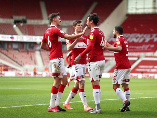 Grant Hall of Middlesbrough celebrates with teammates.