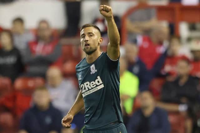 Andraz Sporar of Middlesbrough celebrates his goal during the Sky Bet Championship match between Nottingham Forest and Boro. (Photo by Matthew Lewis/Getty Images).
