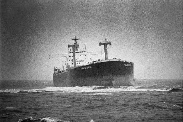 The 97,000 ton tanker 'Freja Svea' pictured off Redcar. Photo: RNLI/Tom Collins