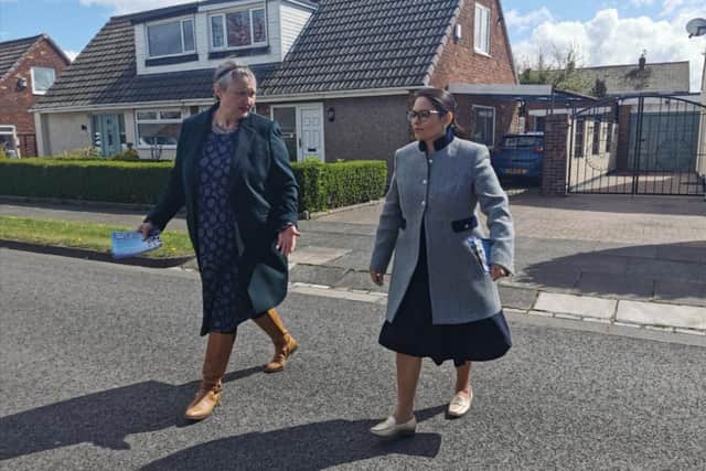 Hartlepool by-election Conservative candidate Jill Mortimer (left) with Home Secretary Priti Patel in Fens Crescent, Hartlepool.