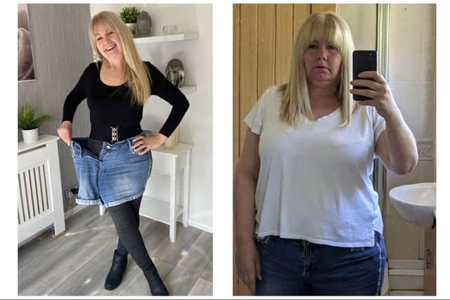 Debbie Mason (left) following her incredible weight loss, and right as she was a year ago.