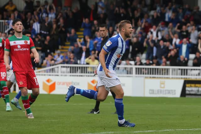 Nicky Featherstone of Hartlepool United celebrates after scoring their second goal from the penalty spot  during the Sky Bet League 2 match between Hartlepool United and Walsall at Victoria Park, Hartlepool on Saturday 21st August 2021. (Credit: Mark Fletcher | MI News)