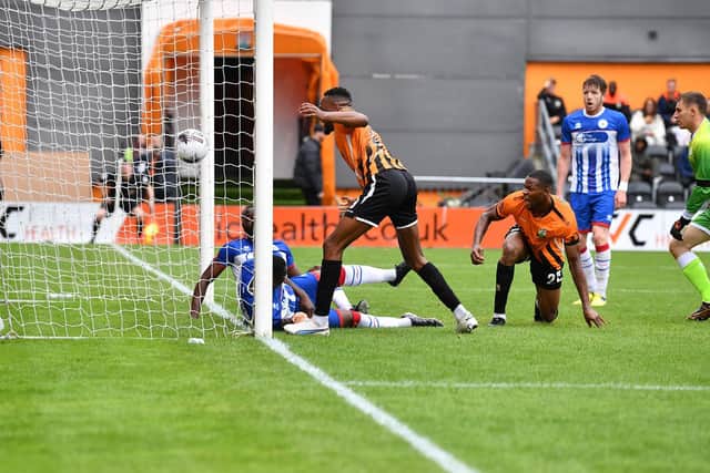 Adebola Oluwo takes the credit as Barnet open the scoring against Hartlepool United. Picture by FRANK REID