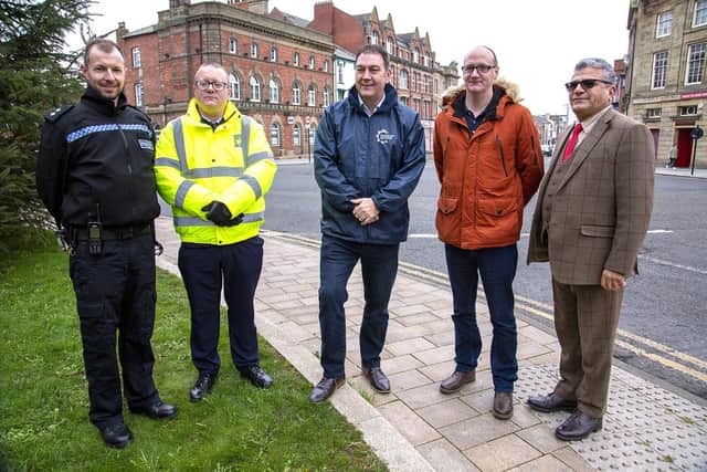 Project partners left to right: Roger Millward acting inspector of Hartlepool Neighbourhood Police Team, Nicholas Stone Neighbourhood safety team leader, Cleveland PCC Steve Turner, Shane Moore, Chair of the Safer Hartlepool Partnership, and Darab Rezai, Chairman of Hartlepool Licensing Association, in Church Street, Hartlepool.
