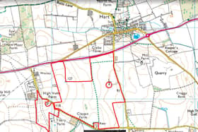 The outline in red of the proposed site for a solar farm off Worset Lane near Hart village.