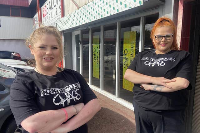Charlotte Mckie (left) and Allana Eglintine (right) outside Hartlepool's first rage room.