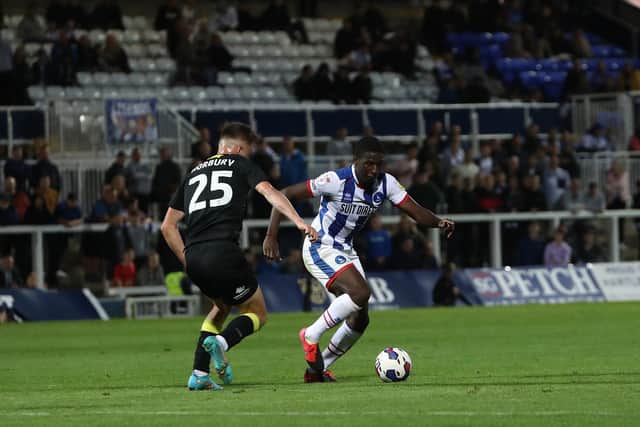 Hartlepool United midfielder Mouhamed Niang is expected to be fit for the trip to Colchester United. (Credit: Mark Fletcher | MI News)
