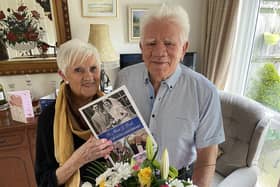 Dorothea and Peter Harker celebrating their blue sapphire wedding anniversary.