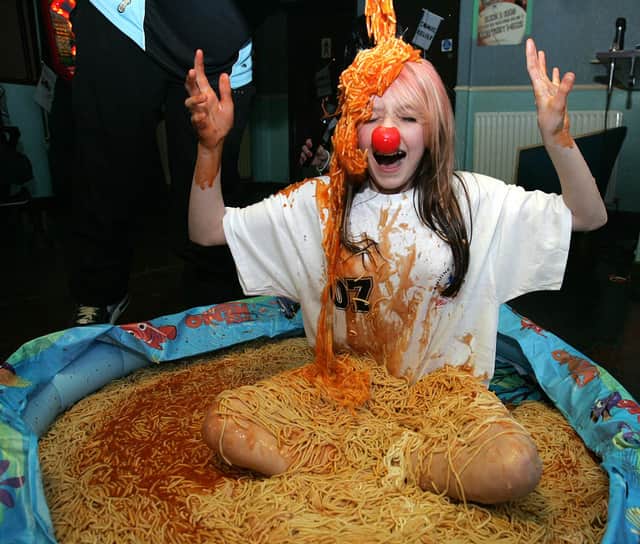 Shannon Handiside sat in a pool of spaghetti to raise money in 2007.