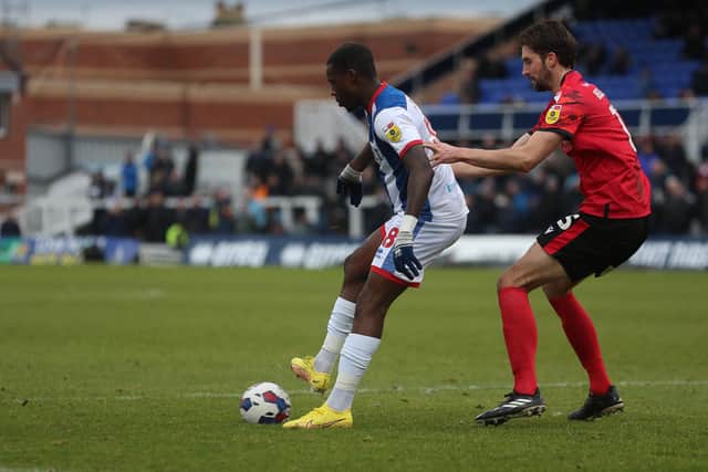 Mikael Ndjoli made his first Hartlepool United appearance since October's defeat against Salford City. (Credit: Mark Fletcher | MI News)