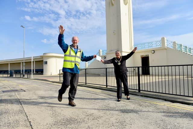 Charity walker Brian Burnie is greeted at Seaton Carew by the Mayor Of Hartlepool Councillor Brenda Lyones on the last leg of his 7,000 mile walk around Britain and Ireland. Picture by FRANK REID
