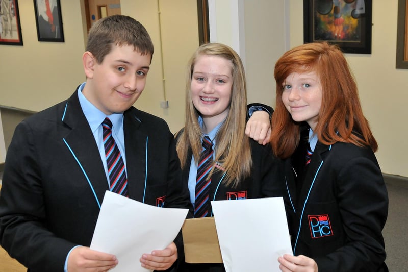 Dyke House Academy students Lewis Robinson, Beth Scott and Kathryn Smurthwaite celebrate their GCSE results in 2014.